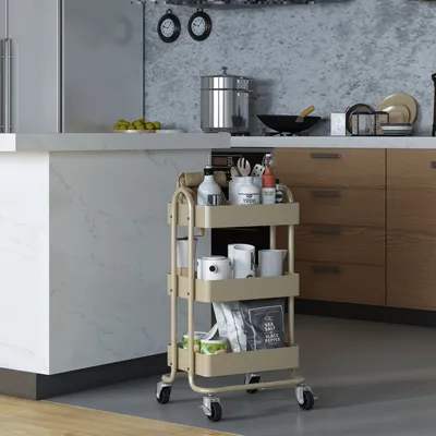 Zdjęcie produktu dla [en.casa] Pyhäntä wózek do serwowania 3-poziomowy wózek kuchenny Metalowy wózek boczny z 2 hamulcami Wózek uniwersalny Wózek do przechowywania do kuchni łazienki biura Kolor wielbłądzi