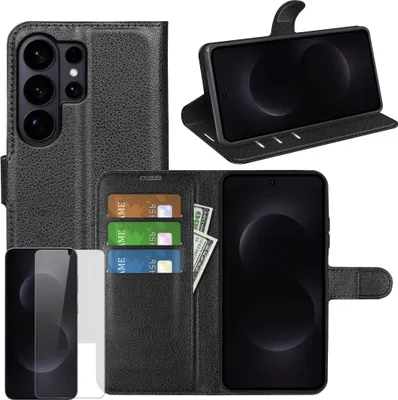 Image de Coque de téléphone portable + verre de protection pour Samsung Galaxy S26 Ultra - Coque à rabat en similicuir 9H