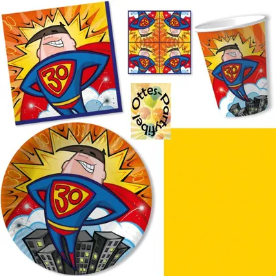 Produktbild von 30. Geburtstag Party-Set 53tlg. für 16 Gäste : Teller Becher Servietten Tischdecke