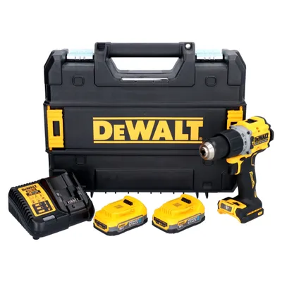 A DeWALT cordless drill set including the drill, two batteries, a charger, and a carrying case, displayed on a white background.