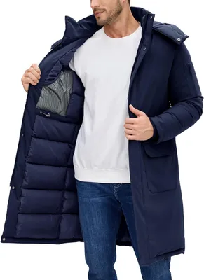 Produktbild von Langer Parka in Dunkelblau mit gefüttertem Innenfutter und abnehmbarer Kapuze