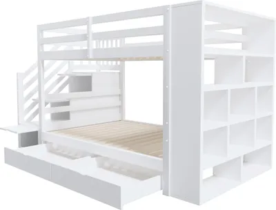 Produktbild von Etagenbett 90*200 cm, Sicherheitstreppe mit Staufächern, Stauraumschubladen und großen Schließfächern, hohe Zaunkonstruktion, Lattenrost, Kiefernbett
