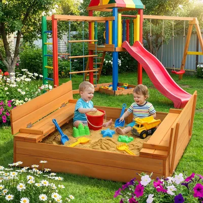 Zdjęcie produktu dla Piaskownica FCH z ławkami i pokrywą 110 x 110 x 21 cm – zabawka ogrodowa dla dzieci – piaskownica ogrodowa