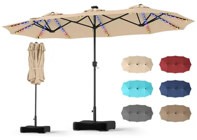 Produktbild von COSTWAY Doppelsonnenschirm 370x200cm mit Ständer, Gartenschirm mit LED-Solar-Beleuchtung, 12 Beleuchtungsmodi, 2 Lademöglichkeiten & Kurbel Beige