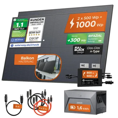 Produktbild von SOLARWAY®️ 1000Wp / 800W Balkonkraftwerk Anker SOLIX Solarbank 1 E1600 1,6 kWh Speicher
