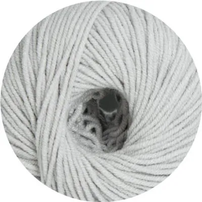 A close-up, circular view of a ball of light gray yarn with a darker gray center.
