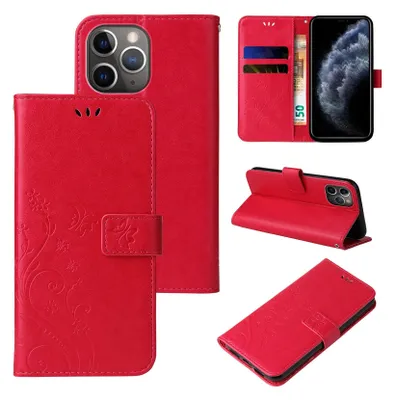 Collage of different views of a red flip phone case for an iPhone 11 Pro Max.