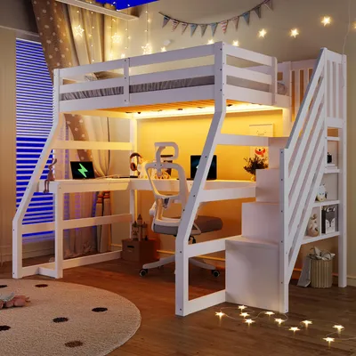 Productafbeelding van Houten hoogslaper 90x200, bureau, LED-verlichting, USB-aansluiting, trap met opbergruimte (wit)