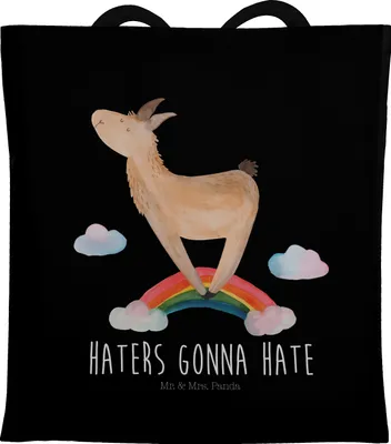 Produktbild von Mr. & Mrs. Panda Tote Bag Lama Regenbogen - Schwarz - Geschenk, Einkaufstasche, Freiheit, Shopping Tasche, Laptoptasche, Haters, dokumententasche, Lamas, Hobby
