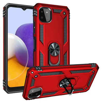 Image de Étui pour Samsung Galaxy A22 5G étui de protection militaire double couche avec support d'anneau et support rouge