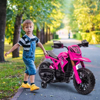 Productafbeelding van Sweiko elektrische motorfiets voor kinderen, 12V kinderfiets met stabilisatorwielen, kinderrijtuig met claxon en startgeluid, 3 km/u, roze
