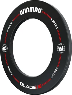 A black dartboard ring with red and white text and logos.