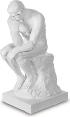 A white sculpture of a man in a pensive pose, known as 'The Thinker', is displayed on a white base against a white background.