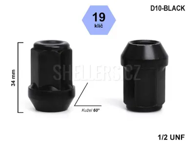 Obrázok produktu pre Matica kolesa 1/2 UNF, uzavretý kužeľ, kľúč 19 mm, D10-BLACK, výška 34 mm, čierna