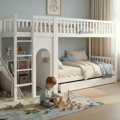 Produktbild von Etagenbett Kinder Etagenbett 90x200 Weiß aus  Kiefer, MDF, Sperrholz mit gerader Leiter und vierseitigem Geländer