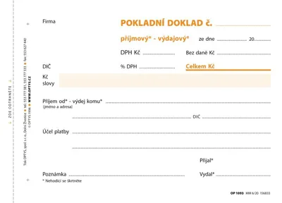 Obrázok produktu pre Tiskopis Pokladní doklad univerzální Optys, A6, samopropisovací, 100 listů