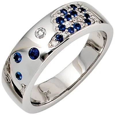 Produktbild von JOBO Damen Ring 585 Gold Weißgold 13 Diamanten Brillanten 0,10ct. 15 blaue Safire Größe 50