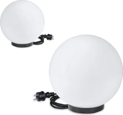 Two white spherical lamps with black bases and cords are shown against a white background.