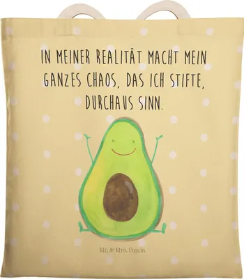 Produktbild von Mr. & Mrs. Panda Tote Bag Avocado Glücklich - Gelb Pastell - Geschenk, Stoffbeutel, Beutel, Chaos, Stofftragetasche, Tasche, shopping, Chaotisch