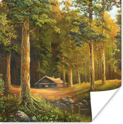 Produktbild von MuchoWow® Poster Eine Illustration einer Hütte in einem Wald 50x50 cm - Wohnzimmerdekoration