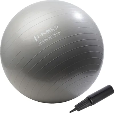 A gray exercise ball with a black hand pump.