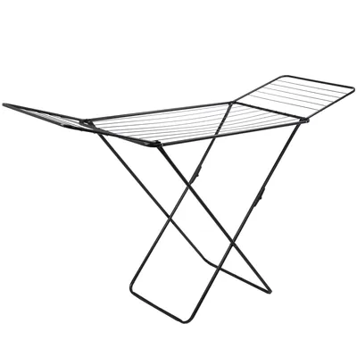 A black metal drying rack with multiple bars for hanging clothes.
