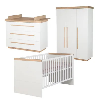 Produktbild von roba Kinderzimmer Set Lumo - 3-teiliges Babyzimmer mit Babybett, Wickelkommode und Kleiderschrank - Weiß & Artisan Eiche