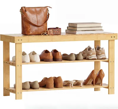 Zdjęcie produktu dla Bambusowa półka na buty, ławka, 3-poziomowa organizer na buty do przedpokoju