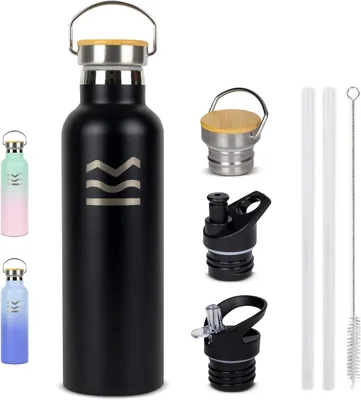 Imagen del producto de Botella de agua de acero inoxidable, aislada, de 750 ml, con pajita y 3 cierres, libre de BPA, ideal para deportes
