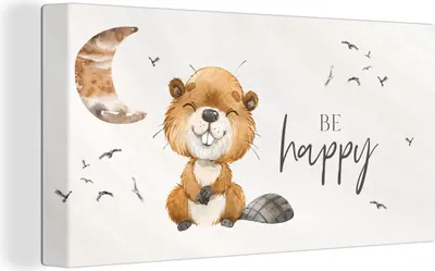 Produktbild von MuchoWow® - Leinwandbilder - Zitate - Glücklich sein - Kinder - Mond - Biber - Aquarell, Wandbild, Wanddeko Bilder Wohnzimmer, 80x40 cm