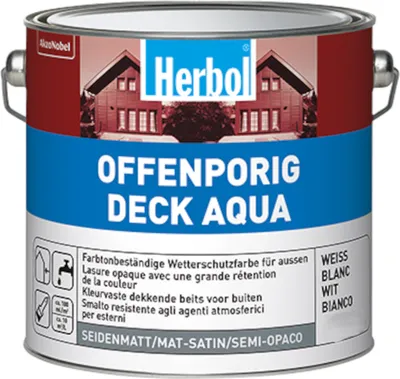 Produktbild von Herbol Offenporig Deck Aqua weiss seidenmatt 10L Wetterschutzfarbe Holzfarbe