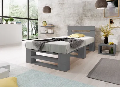 Produktbild von Lermowood Palettenbett M2 120 x 200 cm mit Kopfteil Grau Holzbett Massivholzbett Bett aus Paletten Seniorenbett Kinderbett Jugendbett