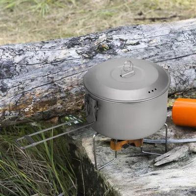 Obrázok produktu pre Súprava kempingového riadu, titánový hrniec a panvica s pokrievkou, skladacie rukoväte pre outdoor, turistiku, cestovanie s batohom, pikniky