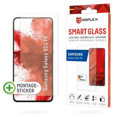 Produktbild von Displex Smart Glass (9H) für Samsung Galaxy S21 FE, Montagesticker, unzerbrechlich, ultra-dünn, unsichtbar, Samsung, Galaxy S21 FE, Trockene Anwendung, Schlagfest, Kratzresistent, Staubresistent, Transparent, 1 Stück(e)