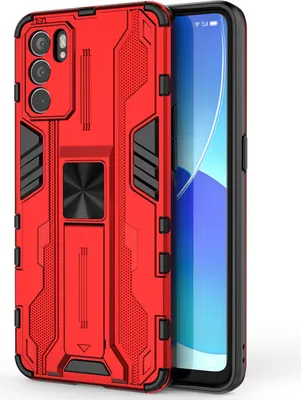 Produktbild von OPPO Reno 6 Hülle, Dual Layer PC TPU Bumper Stoßfest Ständer Schutzhülle für OPPO Reno 6 Rot