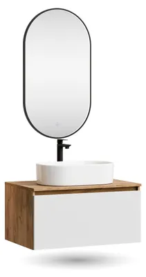 Produktbild von ARISA Badmöbel Set in Weiß – Mit "Glora" LED Spiegel und weißem Keramik-Aufsatzwaschbecken 55 cm