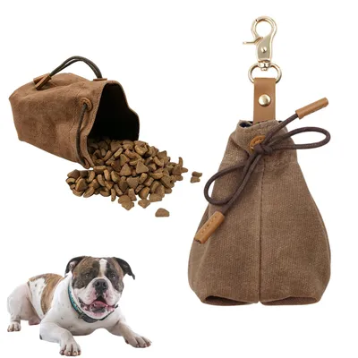 Produktbild von Leckerlibeutel für Hunde, Canvas Hunde Leckerlitasche mit Clip und Kordelzug, Braun