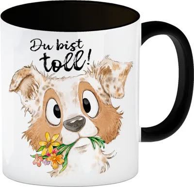 Produktbild von Hund Kaffeebecher in schwarz mit Spruch Du bist toll