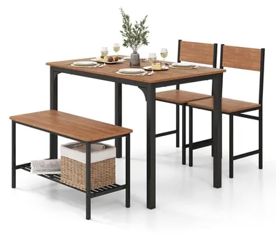 Produktbild von Esstisch Set 4-teilig mit 2 Stühlen & Bank, Aufbewahrungsregal, Metallgestell, Industriedesign, Braun