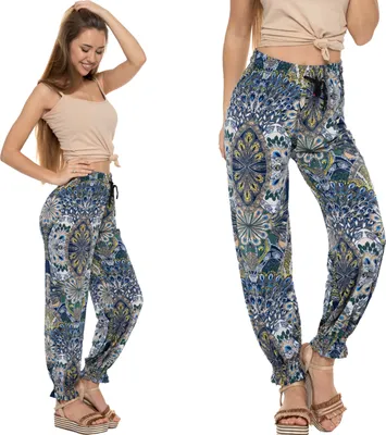 Produktbild von Moraj dámské letní kalhoty z lehké tkaniny kalhoty aladdin kalhoty harem kalhoty baggy 1300-009 PATT 1, S/M
