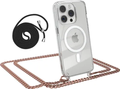 Produktbild von EAZY CASE Handykette kompatibel mit Apple iPhone 15 Pro, Kette zum Umhängen aus Metall, Silikonhülle mit Band, stoßfest, mit MagSafe in Gold