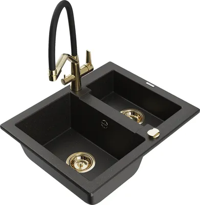 Produktbild von Mexen Carlos 1,5-Becken-Granitspüle mit Mischbatterie Duo, Schwarz/Gold metallisch - 6518-75-671701-57-G