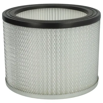 A cylindrical vacuum cleaner filter with a metal base, pleated paper filter media, and a black rubber seal at the top.