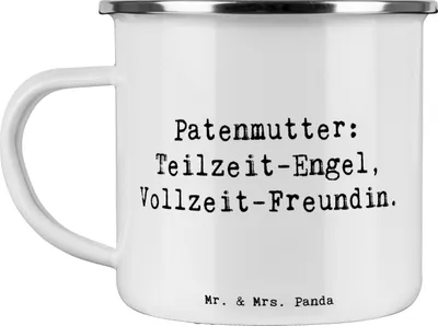 Produktbild von Mr. & Mrs. Panda Emaille Becher Spruch Patenmutter Engel - Weiß - Geschenk, Liebe, spirituelle Unterstützung, Dankbarkeit, Pott, Familienrollen, Kaffeepott, Haferl, Tasse