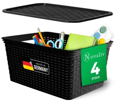 Produktbild von Novaliv 4er Set Elegante Aufbewahrungskörbe mit Deckel in Rattan-Optik | Schwarz Lebensmittelecht Kunststoff 14L – für Büro und Zuhause. Vielseitige Kisten zur Aufbewahrung. Ideale Aufbewahrungsbox