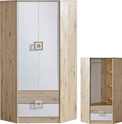 Produktbild von Furniture24 Eckkleiderschrank NICO 02, Eckschrank, Drehtürenschrank, Schrank mit 2 Schubfächern, 3 Einlegeboden und Kleiderstange Hell Eiche/Weiß/Hell Eiche