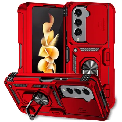Immagine prodotto di Custodia per Samsung Galaxy Z Fold 5 a doppio strato con copertura scorrevole della fotocamera e supporto ad anello rosso