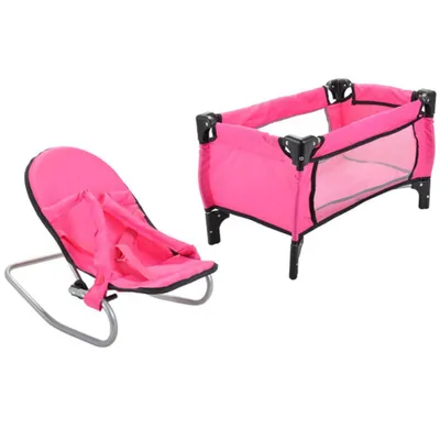 Produktbild von Bandits & Angels Puppenbett und Wippe Pink Angel – Rosa Puppenmöbel – Stuhl mit Sicherheitsgurten und Griffen – Klappbett inklusive Aufbewahrungstasche – für Mädchen