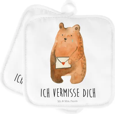 Produktbild von Mr. & Mrs. Panda Topfuntersetzer Bär Liebesbrief - Weiß - Geschenk, topfhalter, Kochlappen, Liebeskummer, Vermissen, Teddy, Freundin, Freund, Topflappen, Set, Zwei