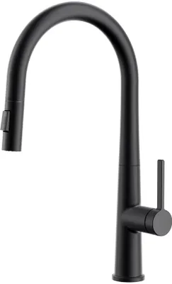 Image de Robinet de cuisine Unyqoos® – finition noir mat, douchette rétractable de 40 cm, rotation à 360°, fonction à 2 jets, alliage de zinc, économie d'eau allant jusqu'à 40 %